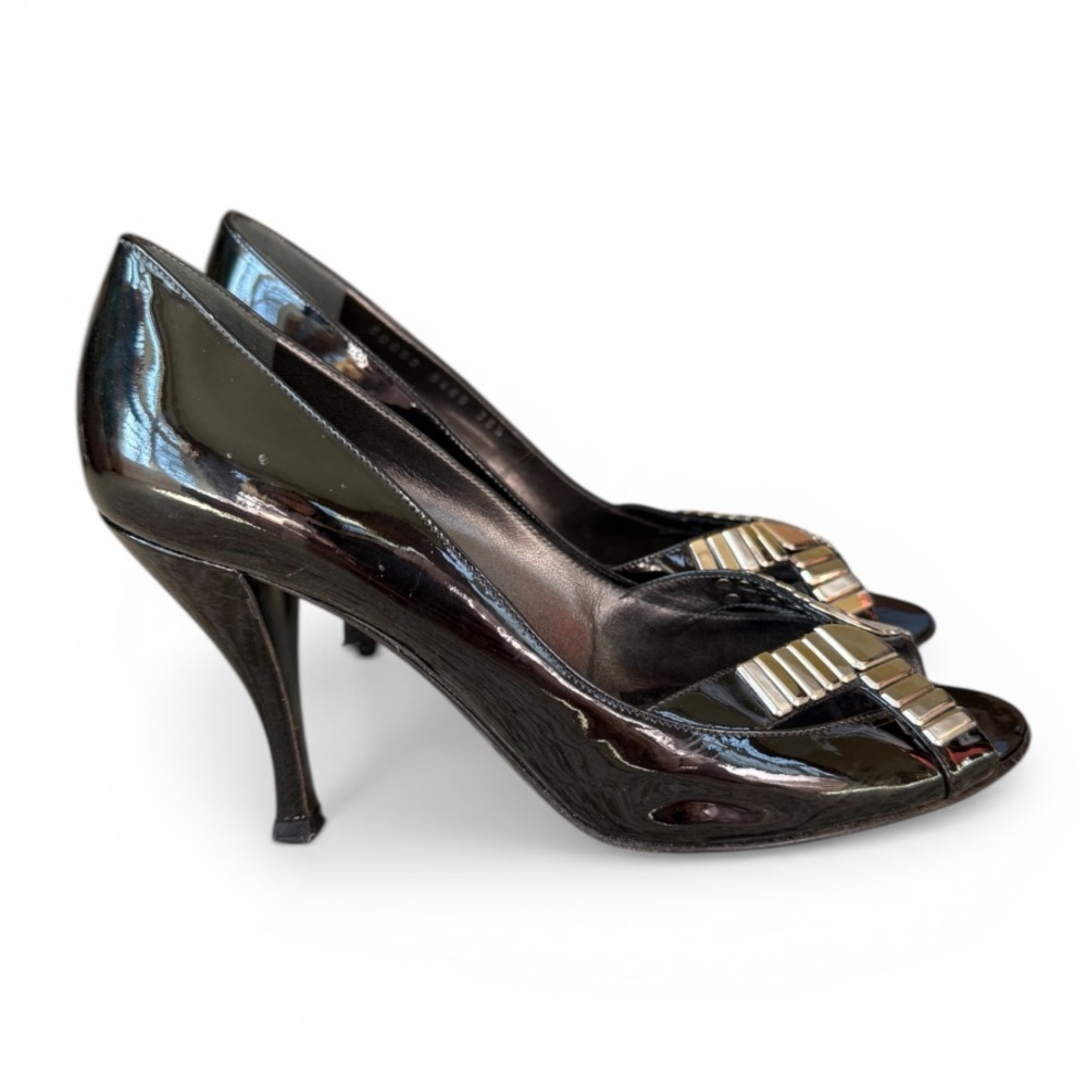 Sergio Rossi Patent Leather Peep Toe Heels 38.5 Black Metallic Accent Italy
